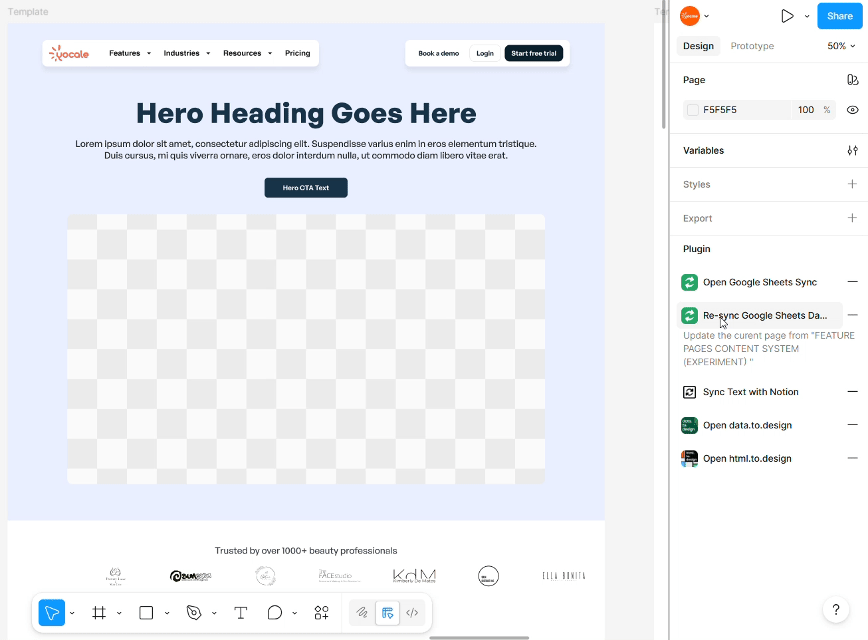 Screen recording of the Notion to Figma Sync plugin syncing Notion database content into Figma design layers, demonstrating content translation across languages